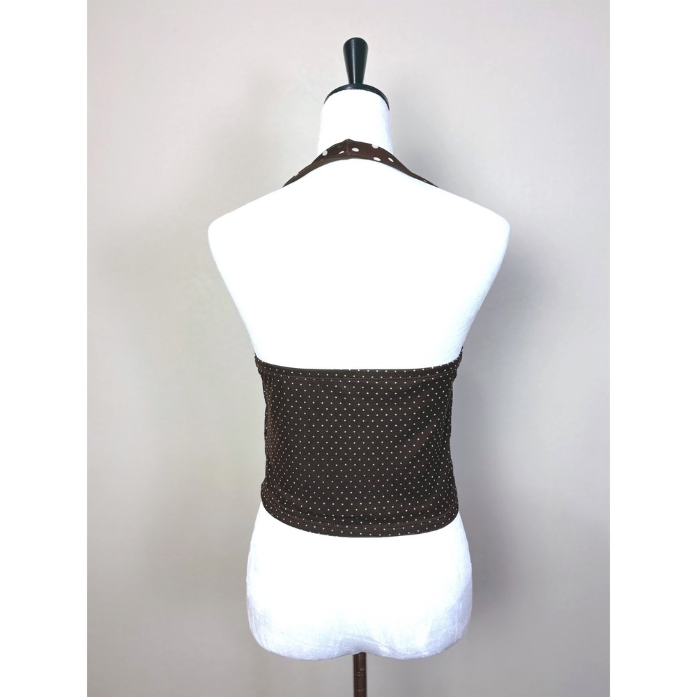 Y2K Sheer Brown & Cream Polka Dot Halter Top Shirt Size Medium Lined Stretchy - Picture 2 of 4